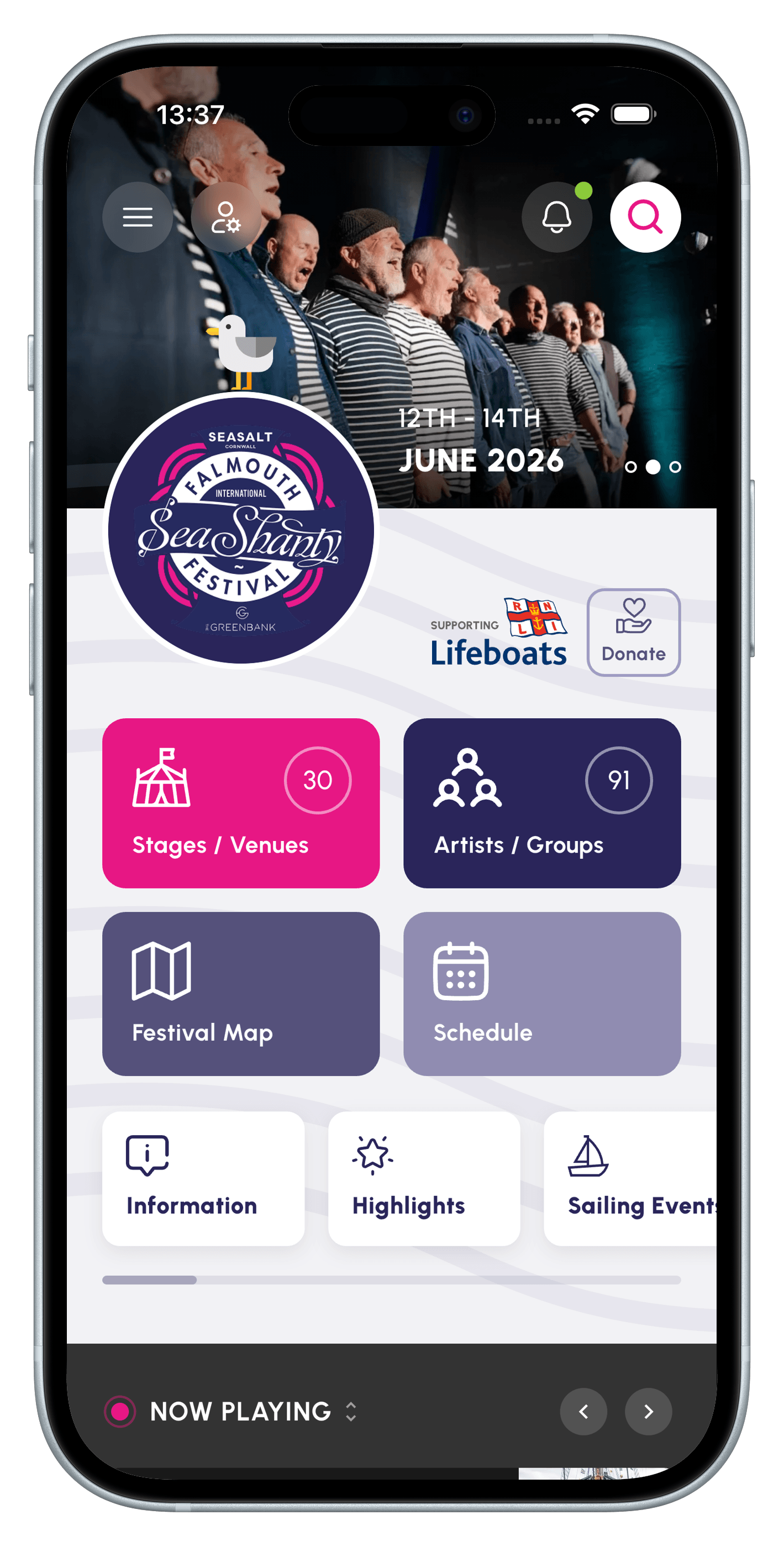 Falmouth Sea Shanty Festival app — home screen