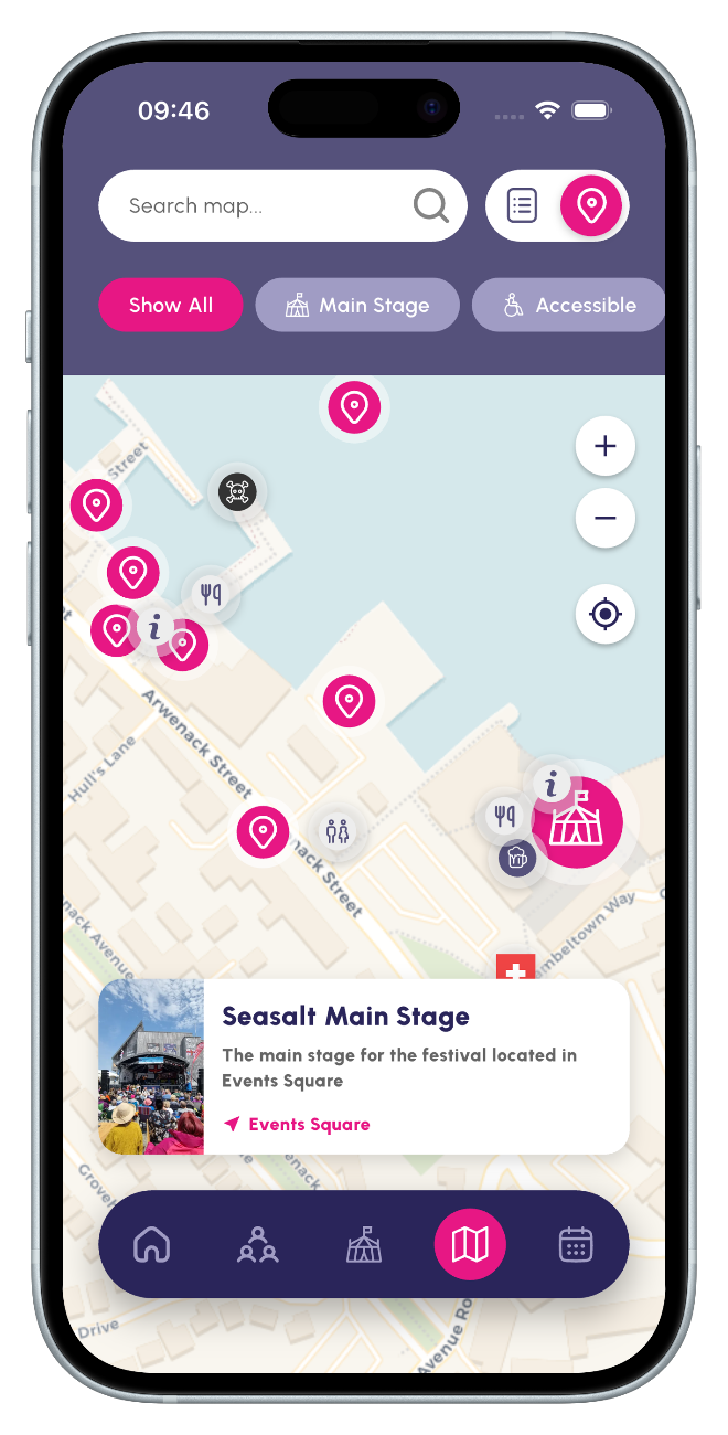 Live festival map — Falmouth Sea Shanty Festival app