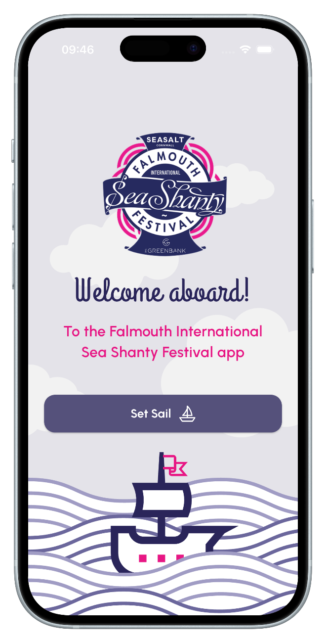 Branded onboarding — Falmouth Sea Shanty Festival app